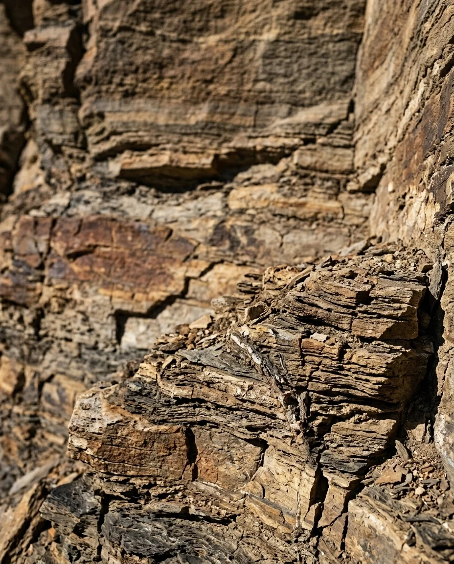 Roca estratificada y orilla de piedra, materia patagónica.